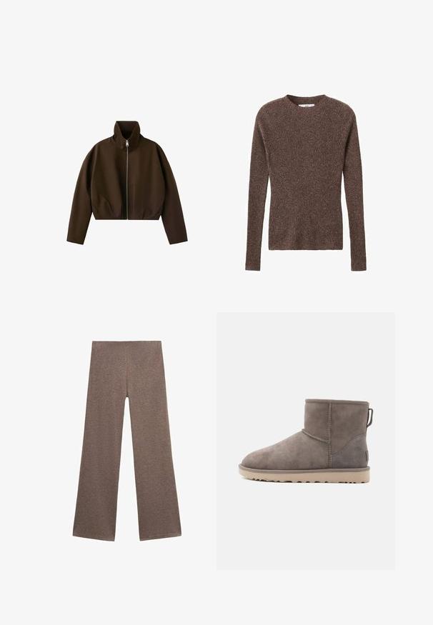 Veste marron à col montant zippée, manches longues et coupe légèrement courte, présentée sur fond blanc.; Pull en maille côtelée marron avec un col rond et des manches longues, présentant un tissu texturé et une silhouette ajustée.; Pantalons larges marron en tissu doux et texturé. Le design présente une taille haute et une coupe ample, idéale pour un look décontracté.; Bottines en daim gris avec une texture douce, un bout rond et une semelle beige résistante. Comprend un talon renforcé et des accents de couture.