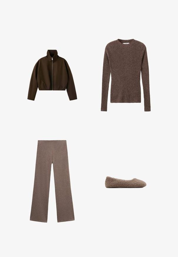 Veste marron à col montant zippée, manches longues et coupe légèrement courte, présentée sur fond blanc.; Pull en maille côtelée marron avec un col rond et des manches longues, présentant un tissu texturé et une silhouette ajustée.; Pantalons larges marron en tissu doux et texturé. Le design présente une taille haute et une coupe ample, idéale pour un look décontracté.; Ballet flat marron doublé en polaire avec un bout rond. Texture douce et design sans coutures, offrant une silhouette discrète. Pas de quincaillerie visible.