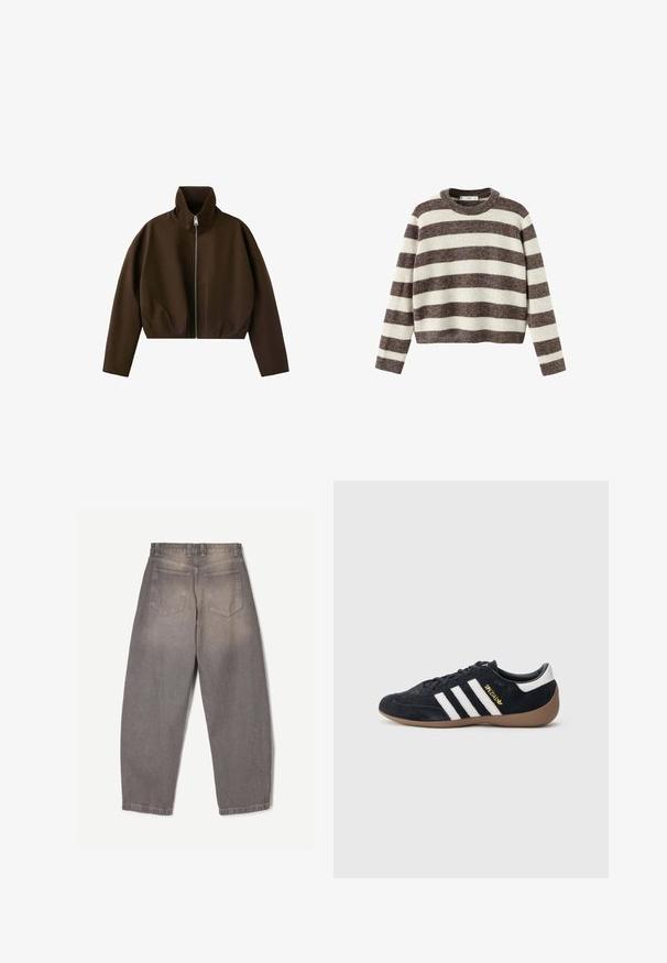 Brun højhalset jakke med lynlås, lange ærmer og en let kortet pasform, vist på hvid baggrund.; Stripet pullover sweater i creme og mørkebrun. Ribstrikket rund hals, lange ærmer og en kortet kant. Blød tekstur med en afslappet pasform.; Grå denim-jeans vist bagfra med to baglommer, bæltestropper og et let tilspidset ben-design.; Sort ruskindssneaker med tre hvide striber, gummisål og et lille gyldent logo på siden. Har en glat sort foring indvendigt.