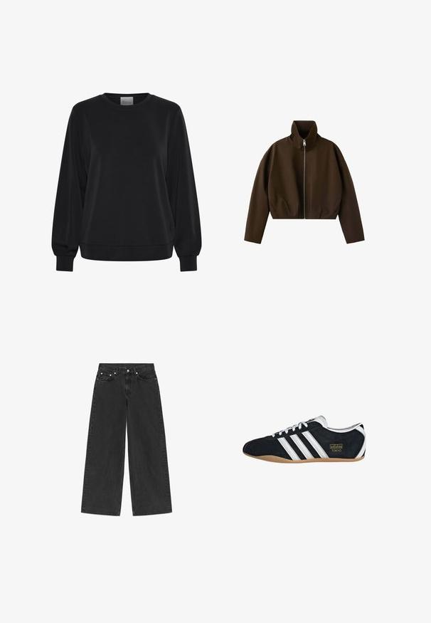 Bruine jas met hoge hals en ritssluiting, lange mouwen en een licht cropped pasvorm, weergegeven op een witte achtergrond.; Zwarte sweatshirts met lange mouwen, ronde hals en geribde manchetten. Kenmerkt zich door een gladde textuur en een subtiel logo detail aan de voorkant.; Zwarte jeans met wijde pijpen, vijf zakken, knoopsluiting en riemlussen, plat weergegeven op een witte achtergrond.; Zwarte suède sneaker met witte drie strepen, gouden logo en een bruine rubberen zool. Heeft een laag profiel vetersluiting ontwerp.