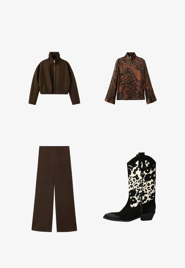 Bruine jas met hoge hals en ritssluiting, lange mouwen en een licht cropped pasvorm, weergegeven op een witte achtergrond.; Bruine blouse met paisley-patroon, lange mouwen, hoge kraag en een gladde satijnen textuur. Heeft zwarte accenten in het ontwerp.; Wijdvallende broek gemaakt van een gladde, donkerbruine stof. Kenmerkt zich door een hoge tailleband en een minimalistisch ontwerp zonder versieringen.; Zwarte suède cowboylaars met een wit-zwart koeienprint schacht, spitse neus en een lage blokhak. Heeft stikdetails en trekriempjes.