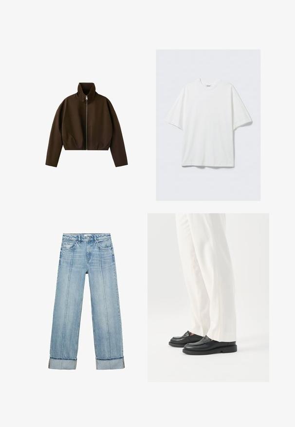 Chaqueta marrón de cuello alto con cremallera, manga larga y un corte ligeramente corto, mostrada sobre un fondo blanco.; Camiseta blanca de algodón de manga corta y corte oversize con cuello redondo y una pequeña etiqueta de la marca en el interior del cuello.; Jeans anchos de mezclilla azul claro con una cintura alta, que cuentan con cinco bolsillos, costuras visibles y dobladillos en los puños.; Persona con pantalones blancos a medida y mocasines de cuero negros de pie sobre un fondo blanco.
