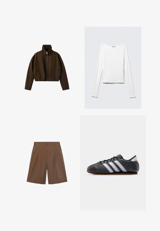 Chaqueta marrón de cuello alto con cremallera, manga larga y un corte ligeramente corto, mostrada sobre un fondo blanco.; Top blanco de manga larga con diseño cruzado y un bolsillo. Fabricado en una tela suave y elástica. Con un corte casual y relajado.; Pantalones cortos marrones a medida con un frente plano, pliegues y bolsillos laterales. Fabricados con una tela ligera, ofrecen un ajuste relajado y bordes rematados.; Zapatilla deportiva de cuero negro con rayas blancas, puntera redonda, suela plana y cierre con cordones. Presenta perforaciones para transpirabilidad.