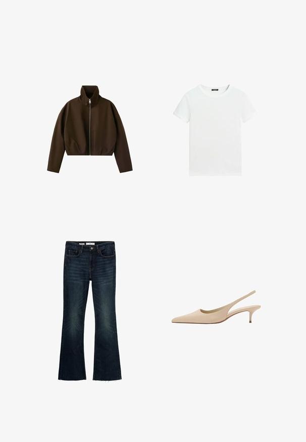 Bruine jas met hoge hals en ritssluiting, lange mouwen en een licht cropped pasvorm, weergegeven op een witte achtergrond.; Effen wit T-shirt met korte mouwen, een ronde hals en een klein zwart labeltje aan de binnenkant van de kraag.; Uitgebreide donkerblauwe spijkerbroek met vervaagde accenten, vijf zakken en een ruwe zoom. Gemaakt van katoen met een knoopsluiting en riemlussen.; Beige leren pumps met een spitse neus en een lage kittenhak, slingback en een gladde afwerking.