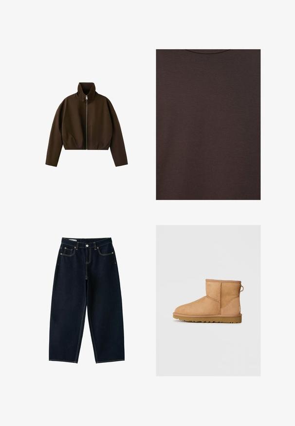 Veste marron à col montant zippée, manches longues et coupe légèrement courte, présentée sur fond blanc.; T-shirt col rond marron foncé en tissu tricoté doux avec une fine texture côtelée.; Jean bleu foncé à jambes larges, taille haute, bouton sur le devant, fermeture éclair et cinq poches avec coutures apparentes.; Bottines en suède beige avec bout rond, détails cousus, tirant à l'arrière et semelle en caoutchouc texturé. Conçues pour le confort et la chaleur.