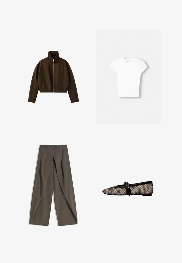Veste marron à col montant zippée, manches longues et coupe légèrement courte, présentée sur fond blanc.; T-shirt blanc à manches courtes en coton doux, avec un col rond et une coupe ajustée. Pas de motifs ni d'ornements visibles.; Pantalons à jambes larges en tissu texturé gris foncé. Présente un pli avant, une fermeture par bouton et des poches latérales pour plus de praticité.; Chaussure plate noire et blanche en tissu mesh avec un design à motifs, bout arrondi, et une sangle noire sur le cou-de-pied avec une boucle en métal.