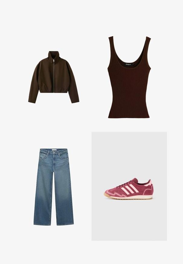 Bruine jas met hoge hals en ritssluiting, lange mouwen en een licht cropped pasvorm, weergegeven op een witte achtergrond.; Mouwloos, geribbelde gebreide tanktop in donkerbruin met een ronde hals en een Desigual merklabel aan de binnenkant van de kraag, maat medium.; Lichtblauwe wijde jeans van denim, met een middelhoge taille, twee voorkruiszakken en klassieke stikdetails.; Bordeauxrode en roze suède sneakers met drie roze strepen, een gestructureerd oppervlak en een zool van gumrubber. Voorzien van fijne stikdetails.