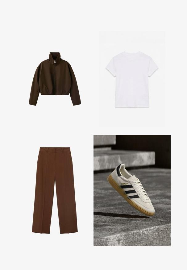 Chaqueta marrón de cuello alto con cremallera, manga larga y un corte ligeramente corto, mostrada sobre un fondo blanco.; Camiseta blanca lisa de algodón de manga corta y cuello redondo, colocada plana sobre un fondo blanco.; Pantalones de pierna ancha marrones, confeccionados en un tejido suave con cintura alta, que cuentan con bolsillos frontales y un pliegue bien definido en la parte delantera.; Zapatilla blanca Adidas Spezial con rayas negras y suela de goma flotando sobre escalones de piedra grises al aire libre.