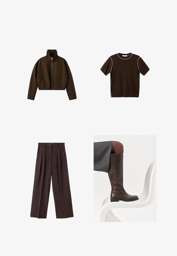 Veste marron à col montant zippée, manches longues et coupe légèrement courte, présentée sur fond blanc.; Chemise en tricot à manches courtes de couleur marron foncé avec bordure blanche le long de l'encolure, des coutures d'épaule et des côtés, présentée sur un fond blanc.; Pantalons larges bruns en tissu texturé, avec des plis à l'avant, des poches latérales et un design de taille classique.; Botte en cuir marron à hauteur de genou avec un bout arrondi, texture lisse et détails de couture minimalistes, placée sur un fond clair sur une chaise blanche.