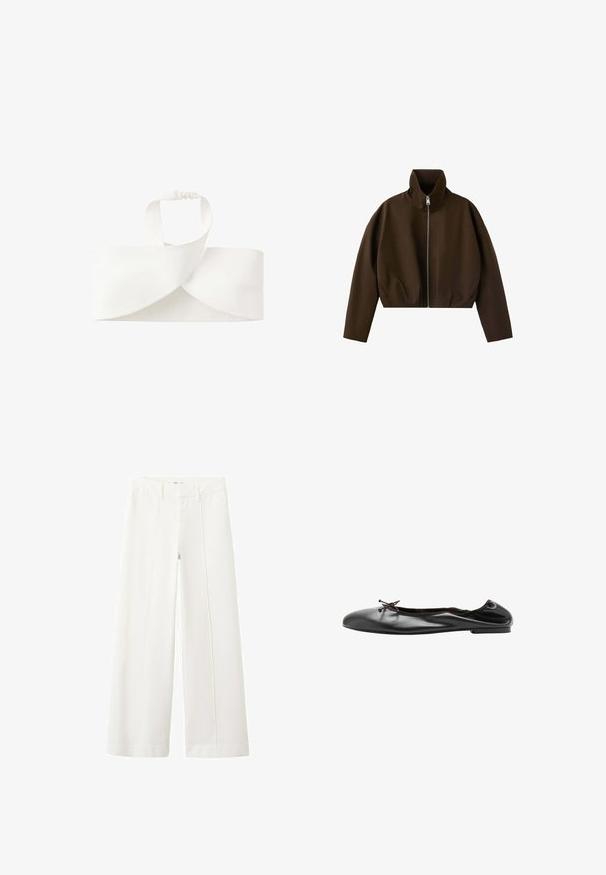 Veste marron à col montant zippée, manches longues et coupe légèrement courte, présentée sur fond blanc.; Bandeau blanc en tissu avec un design torsadé à l'avant et une bande élastique à l'arrière pour un maintien ajusté.; Pantalon blanc à jambes larges avec pli avant, passants de ceinture et poches latérales, présenté sur un fond blanc.; Ballerine en cuir noir avec un petit nœud à l'avant et une couture arrière légèrement froncée, vue de profil sur fond blanc.