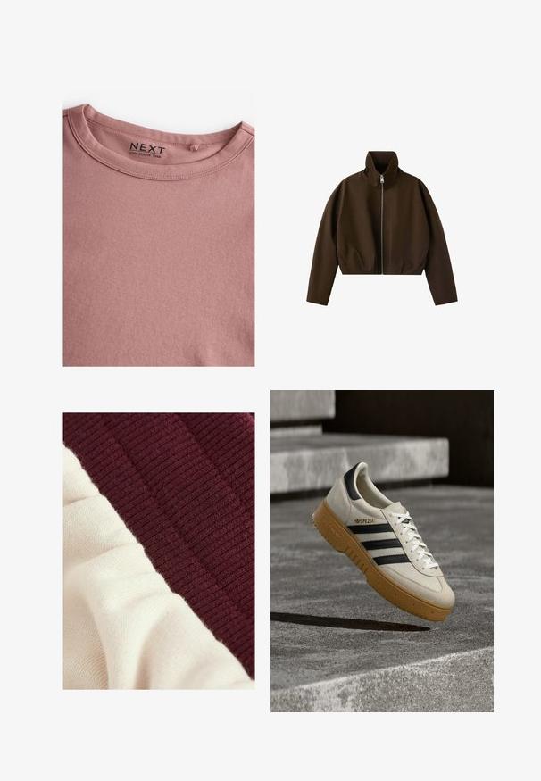 Chaqueta marrón de cuello alto con cremallera, manga larga y un corte ligeramente corto, mostrada sobre un fondo blanco.; Camiseta de manga larga en color rosa polvoriento, hecha de algodón suave, con un sencillo cuello redondo y una textura lisa. La etiqueta dice "NEXT."; Fragmento de suéter de punto que presenta una sección de canalé texturizado en color marrón y una sección lisa en color crema, destacando los materiales y colores contrastantes.; Zapatilla deportiva de ante beige con rayas negras, cordones blancos y suela de goma color caramelo. Presenta la marca "SPEZIAL" en el lateral.