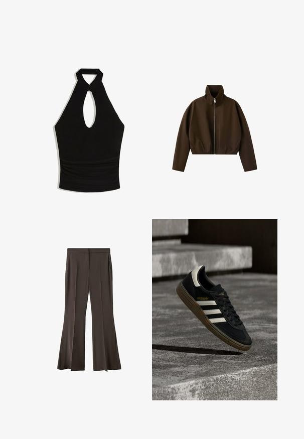 Bruine jas met hoge hals en ritssluiting, lange mouwen en een licht cropped pasvorm, weergegeven op een witte achtergrond.; Zwart halter crop top met keyhole uitsnede aan de voorkant en geplooide taille detail.; Bruine wijde broek met een op maat gemaakte uitstraling, met een soepele textuur, verticale zijsplitten en voorzakken.; Zwarte Adidas sneaker met witte strepen en gumzool die boven grijze betonnen trappen zweeft in natuurlijk licht.