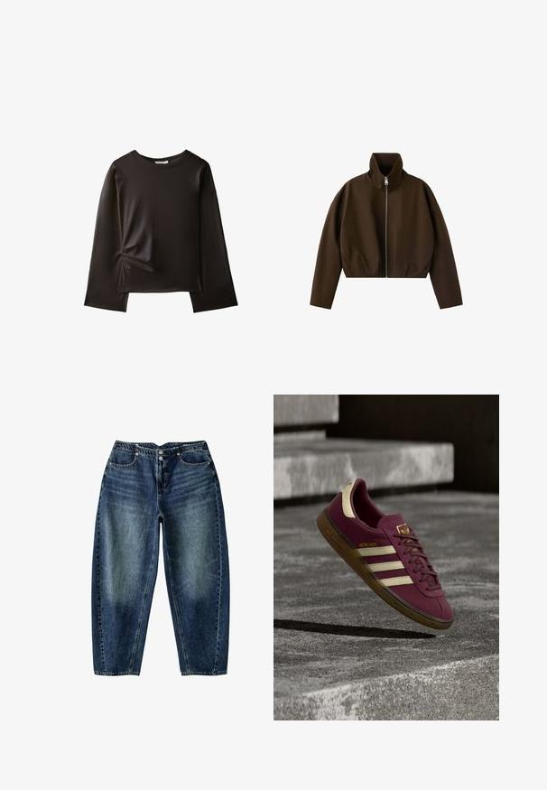 Bruine jas met hoge hals en ritssluiting, lange mouwen en een licht cropped pasvorm, weergegeven op een witte achtergrond.; Zwart shirt met lange mouwen, een ronde halslijn en een klein geplooid detail aan de linkerkant bij de taille.; Donkerblauwe spijkerbroek met een losse pasvorm, zakken aan de voorkant, knoopsluiting en subtiele vervaagde details op dijen en knieën.; Bordeauxrode Adidas München sneaker met crèmekleurige strepen en een gumzool zwevend boven een betonnen oppervlak nabij trappen.