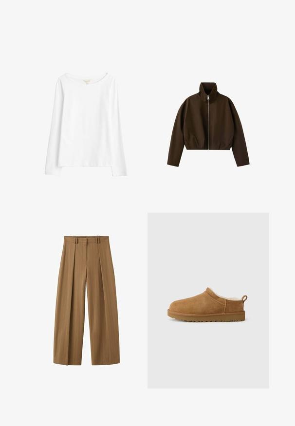 Bruine jas met hoge hals en ritssluiting, lange mouwen en een licht cropped pasvorm, weergegeven op een witte achtergrond.; Seasalt Cornwall Longsleeve - white salt; Brunette hoge taille wijde broek met subtiele krijtstrepen, plooien aan de voorkant, lussen voor een riem en een verborgen rits aan de voorkant.; Bruine suede instap schoen met een zachte, witte bontvoering, vlakke rubberen zool, ronde neus en een kleine trekflap aan de hiel.