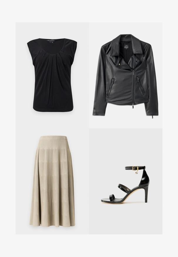 Veste de moto en simili cuir noir avec grands revers, zip asymétrique à l'avant et deux poches zippées. Texture lisse, coupe ajustée.; Haut noir sans manches avec un décolleté en scoop et des plissés à l'avant. Fait en tissu lisse avec une coupe décontractée et un ourlet arrondi en bas.; Jupe plissée beige avec un tissu texturé. Présente des rayures verticales et une coupe évasée, se terminant juste en dessous du genou.; Sandale en cuir verni noir avec trois brides, boucle de cheville et talon aiguille de 10 cm. Présente un détail en métal doré et un charm logo.