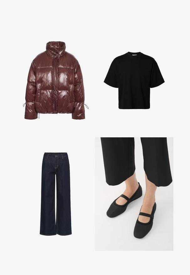 Bordeauxfarvet dynejakke lavet af skinnende, polstret materiale. Har høj krave, elastisk snor ved ærmerne og store forlommer.; Sort oversized T-shirt med korte ærmer, rund halsudskæring og afslappet pasform, vist på hvid baggrund.; Mørkeblå vide denim bukser med frontfold, bæltesløjfer og lukning med messingknap.; Sorte flade sko lavet af glat materiale, med rund tå og en kontrastfuld rem over vristen. Flad sål, minimalistisk design.