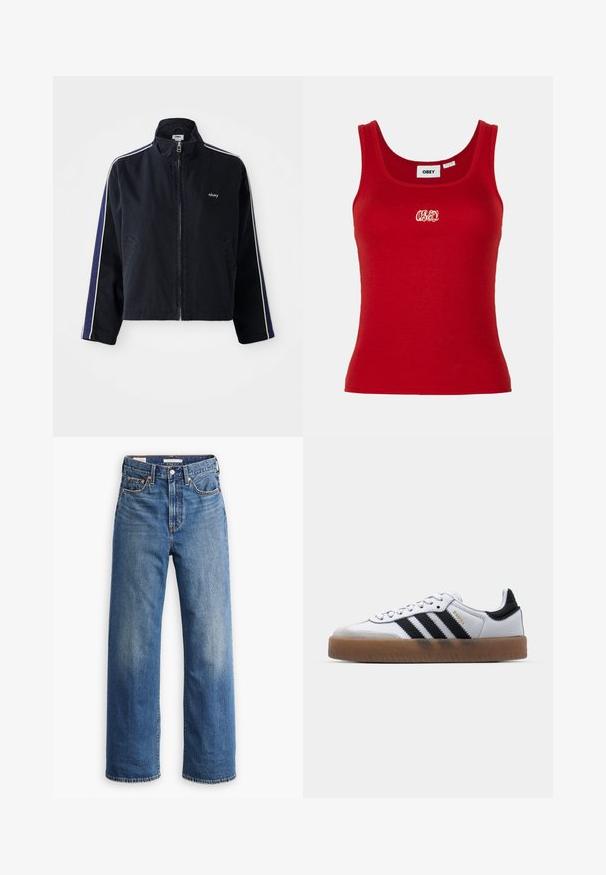 Marineblaues Jackett mit hohem Kragen, weißen Seitenstreifen und Reißverschluss. Verfügt über zwei Fronttaschen und ein gesticktes Logo auf der Brust.; Rotes geripptes Tanktop mit rundem Halsausschnitt und breiten Trägern, das im Vorderbereich ein gesticktes "OBEY"-Logo in Weiß aufweist.; Hellblaue Jeans aus Denim mit hoher Taille, weitem Bein, klassischem Fünf-Taschen-Design und subtilen Verwaschungen im Stoff.; Weiße Leder Sneakers mit schwarzen Streifen, Gummigummi-Außensohle, runder Zehenform, Schnürverschluss und weichem grauem Wildleder-Zehenkappe.