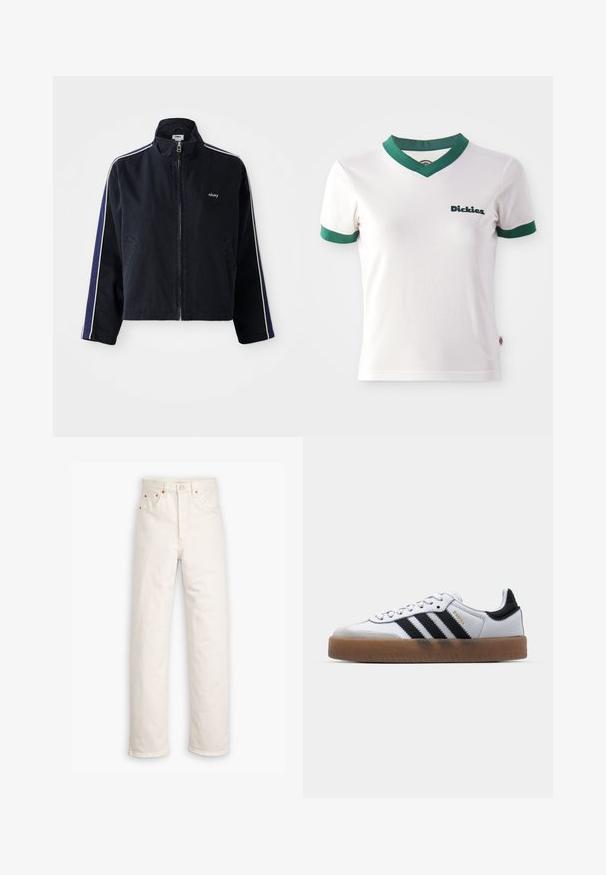 Veste bleu marine avec un col haut, rayures blanches sur les côtés et fermeture éclair. Comprend deux poches avant et un logo brodé sur la poitrine.; T-shirt blanc à manches courtes avec un col en V vert et des bordures de manches vertes ; présente le logo "Dickies" en vert foncé sur le côté gauche de la poitrine. Texture de coton lisse.; Jeans en denim blanc avec un design à jambe droite, style cinq poches et accents en métal cuivré. Finition effilochée au niveau des chevilles.; Baskets en cuir blanc avec des rayures noires, semelle extérieure en caoutchouc beige, bout rond, fermeture lacée et embout en suède gris doux.