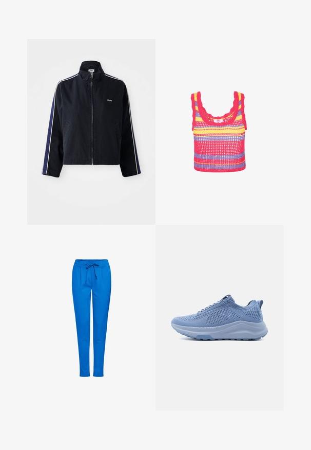 Mørkeblå jakke med høj krave, hvide sidebånd og lynlås. Har to forlommer og et broderet logo på brystet.; Hæklede crop tops med multicolor striber i pink, gul og lilla. Har en bølget kant og en løs, mesh-lignende tekstur.; Blå joggingbukser lavet af blødt stof, med elastisk talje og snøre, to forlommer og smal bendesign.; Lyseblå strik-sneakers med tyk sål, elastisk ankelkrave og tekstureret mønster på siderne, designet til afslappet brug.