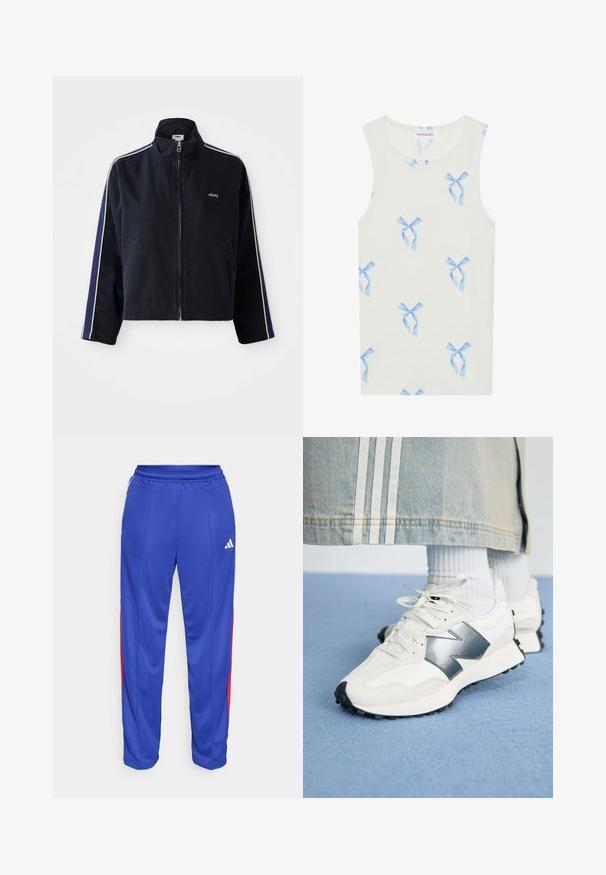 Marineblauwe jas met een hoge kraag, witte zijstrepen en ritssluiting. Beschikt over twee voorzakken en een geborduurd logo op de borst.; Witte tanktop met blauwe strikpatronen, gemaakt van zachte katoen. Heeft een ronde halslijn en een mouwloos ontwerp voor comfort.; Blauwe sportbroek met rode zijstrepen, elastische tailleband en een klein wit logo op de bovenste linkerkant van de broek. Glad, lichtgewicht materiaal.; Witte sport sneakers met een zilveren accent, textiel en glad leer; met een zwarte rubberen zool en veters.