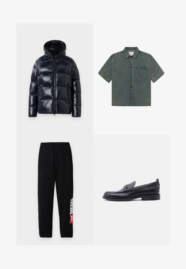 Doudoune noire brillante avec capuche, fermeture éclair à l'avant et deux poches zippées, conçue pour les temps froids.; Chemise en denim à manches courtes de couleur bleu-vert délavé, avec un col boutonné, une poche frontale et des détails de couture discrets.; Pantalon de survêtement noir avec taille élastique, arborant un grand logo blanc "DIESEL" et un accent rouge sur la jambe gauche. Tissu doux et lisse.; Mocassin en cuir noir avec empeigne texturée grise, détail boucle en métal argenté, petit talon et languette à l'arrière.