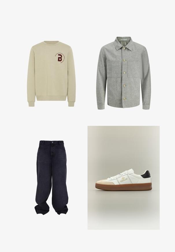 Grå, struktureret skjortejakke med krave, frontlukning med knapper og to påsyede lommer. Fremstillet af et letvægtsstof.; Beige sweatshirt med rund halsudskæring, lange ærmer og ribbede manchetter. Har et bordureret marsal- rødt bogstav 'B' og en cirkulær tekstdetalje.; Sorte oversized løstsiddende jeans med knap- og lynlåsfrontlukning, forlommer og løse, brede ben.; Hvid sneaker med beige ruskindstæt, gulddetalje med logo, sort hælaccents og en brun gummisål. Klassisk lavtopdesign.