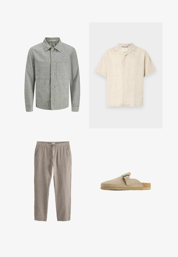 Grijze, gestructureerde shirtjack met een kraag, sluiting met knopen aan de voorkant en twee opgestikte zakken. Gemaakt van een lichtgewicht stof.; Lichtbeige korte mouwen overhemd met knopen, gemaakt van linnen, met een camp collar, strakke lijnen en een subtiele textuur, met vijf knopen aan de voorkant.; Lichtbruine linnen broek met elastische taille, trekkoord en zijzakken, plat neergelegd op een witte achtergrond.; Beige suède klomp met een gebogen vorm, verstelbare metalen gesp en een getextureerde kurken voetbed. De buitenzool heeft een getande rand voor grip.