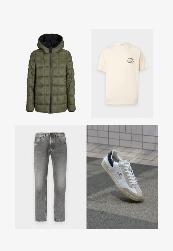 Doudoune noire avec capuche, dotée d'une fermeture éclair beige contrastante, de poignets élastiques et d'une doublure intérieure en olive matelassée.; T-shirt crème à manches courtes avec texte noir « REPLAY Squadra Corse ADRENALINA » sur la poitrine gauche et col rond.; Jean en denim gris avec une coupe droite, finition délavée, cinq poches, passants pour ceinture et détails de couture contrastants.; Baskets en cuir blanc avec des accents en suède beige, un onglet de talon bleu marine et un logo doré. Semelle texturée avec un motif décoratif. Design classique à lacets.