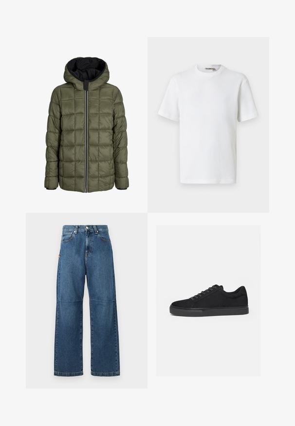 Schwarze Pufferjacke mit Kapuze, ausgestattet mit einem kontrastierenden beigen Reißverschluss, elastischen Bündchen und einem gesteppten olivgrünen Innenfutter.; Weißes, kurzärmeliges T-Shirt mit Waffelstrick und Rundhalsausschnitt, mit kleinem Markenetikett im Kragen, auf einfarbigem Hintergrund präsentiert.; Blaue Jeans aus Denim mit entspannter Passform, geraden Beinen, sichtbarem Nähen und einem vorderen Knopfverschluss. Verfügt über eine Seitentasche mit einem Akzent.; Schwarzer Low-Top-Sneaker mit Schnürung vorne und flacher Gummisohle, seitlich auf weißem Hintergrund dargestellt.