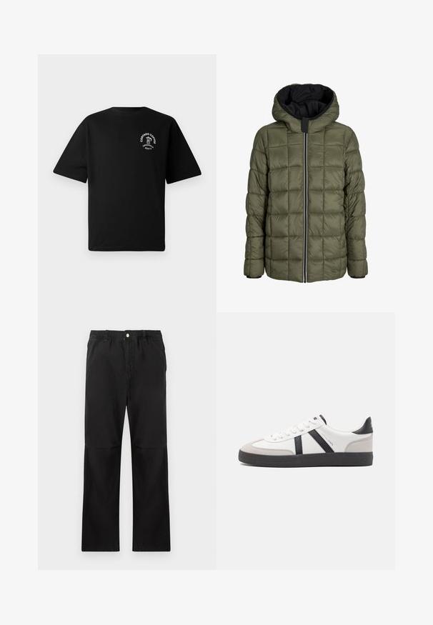 Doudoune noire avec capuche, dotée d'une fermeture éclair beige contrastante, de poignets élastiques et d'une doublure intérieure en olive matelassée.; T-shirt noir à manches courtes avec un petit logo blanc sur la poitrine représentant une cafetière et le texte "Cortado Coffee Original 2013."; Pantalons noirs en coton avec une taille élastique, présentant une coupe droite, une texture lisse et sans accents ni motifs visibles.; Baskets blanches avec des accents noirs et gris, présentant un embout texturé gris, une semelle en caoutchouc noir et des lacets plats blancs. Design épuré, style minimaliste.