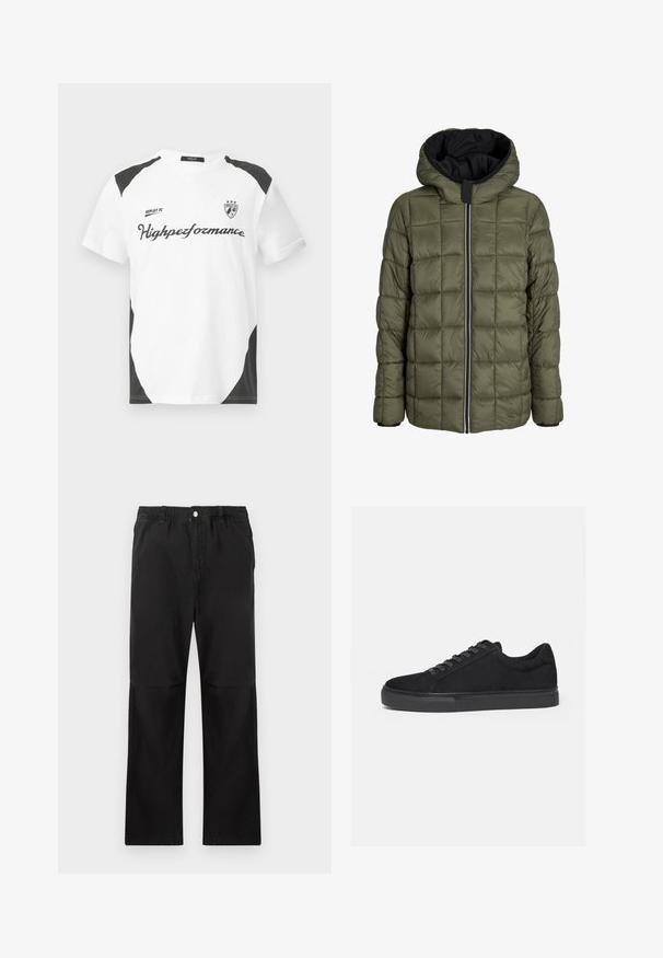 Schwarze Pufferjacke mit Kapuze, ausgestattet mit einem kontrastierenden beigen Reißverschluss, elastischen Bündchen und einem gesteppten olivgrünen Innenfutter.; Weißes Kurzarm-T-Shirt mit schwarzen Akzenten. Verfügt über das Logo "REPLAY FC" und den Text "Highperformance" in einer sportlichen Schriftart. Hergestellt aus einem glatten Material.; Schwarze Baumwollhosen mit einem elastischen Bund, gerade geschnitten, mit glatter Textur und ohne sichtbare Akzente oder Muster.; Schwarzer Low-Top-Sneaker mit Schnürung vorne und flacher Gummisohle, seitlich auf weißem Hintergrund dargestellt.