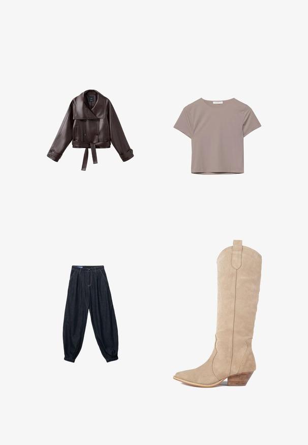 Veste en cuir marron foncé courte avec col large, boutons croisés, taille ceinturée et poignets à boutons.; T-shirt court à manches courtes unie en taupe neutre avec un col rond, présenté sur un fond blanc.; Pantalon en denim bleu foncé ample avec plis à la taille, poches avant, et bas resserrés aux chevilles.; Botte de cowboy en daim beige avec un bout pointu, des coutures décoratives et un talon en bois empilé. La hauteur atteint le mollet.