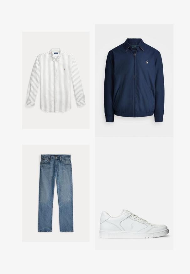 Marine blauwe ritsjack met een kraag, voorzakken, elastische manchetten en een klein geborduurd logo op de borst. Glad stoftextuur.; Wit overhemd met lange mouwen met dunne verticale blauwe strepen en een klein geborduurd logo op de linkerborst.; Lichtblauwe spijkerbroek met een rechte snit, voorzien van vijf zakken, een knoopsluiting en subtiele vervagingen in de stof.; Witte leren sneaker met een gladde textuur, voorzien van een geperforeerde neus, vetersluiting en geborduurde logo aan de zijkant. Witte rubberen zool.