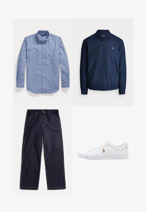 Marine blauwe ritsjack met een kraag, voorzakken, elastische manchetten en een klein geborduurd logo op de borst. Glad stoftextuur.; Blauw-wit geruit overhemd met lange mouwen, knopen, kraag en geborduurd logo op de linker borst.; Donkerblauwe denim spijkerbroek met rechte pijpen, contrasterende stiksels, kleine lussen voor een riem en voorzakken, plat liggend op een witte achtergrond.; Witte canvas sneakers met een laag ontwerp, featuring een beige hieltab en een klein geborduurd logo aan de zijkant. Rubber zool.