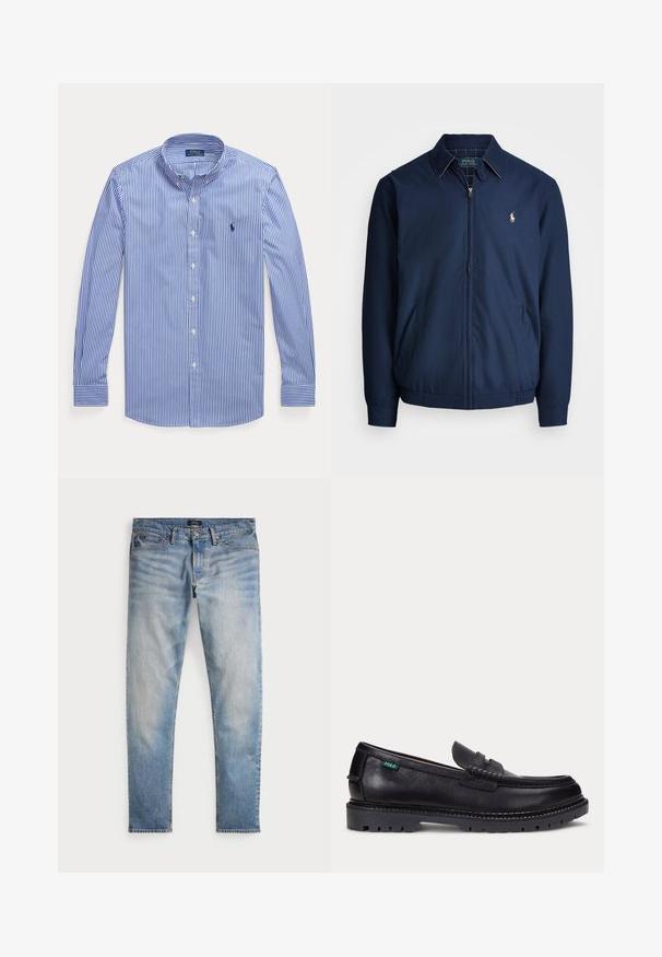 Marine blauwe ritsjack met een kraag, voorzakken, elastische manchetten en een klein geborduurd logo op de borst. Glad stoftextuur.; Blauw-wit verticale gestreepte blouse met lange mouwen, knopen en een button-down kraag, met Polo Ralph Lauren-logo op de borst.; Lichtblauwe denim jeans met een vervaagde afwerking, vijfzakkenontwerp en contrasterende stiksels. Heeft een ritssluiting en riemlussen. Rechte snit.; Zwarte leren loafer met dikke geprofileerde zool en klein groen "Polo" label aan de buitenkant bij de hiel.