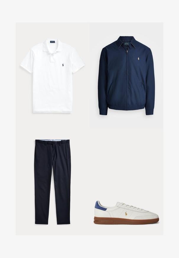 Marineblaue Zip-Jacke mit Kragen, Fronttaschen, elastischen Bündchen und einem kleinen gestickten Logo auf der Brust. Glatte Stofftextur.; Weißes Poloshirt mit kurzen Ärmeln, Kragen, Zwei-Knopf-Leiste und kleinem dunkelblauem Logo auf der linken Brust.; Marineblaue Herrenhose mit Gürtelschlaufen, Reißverschluss und Seitentaschen, flach auf weißem Hintergrund ausgelegt.; Weißer Low-Top Sneaker mit brauner Sohle, blauem Fersenlasche, Schnürsenkeln und goldenem Polo Ralph Lauren Logo an der Seite.