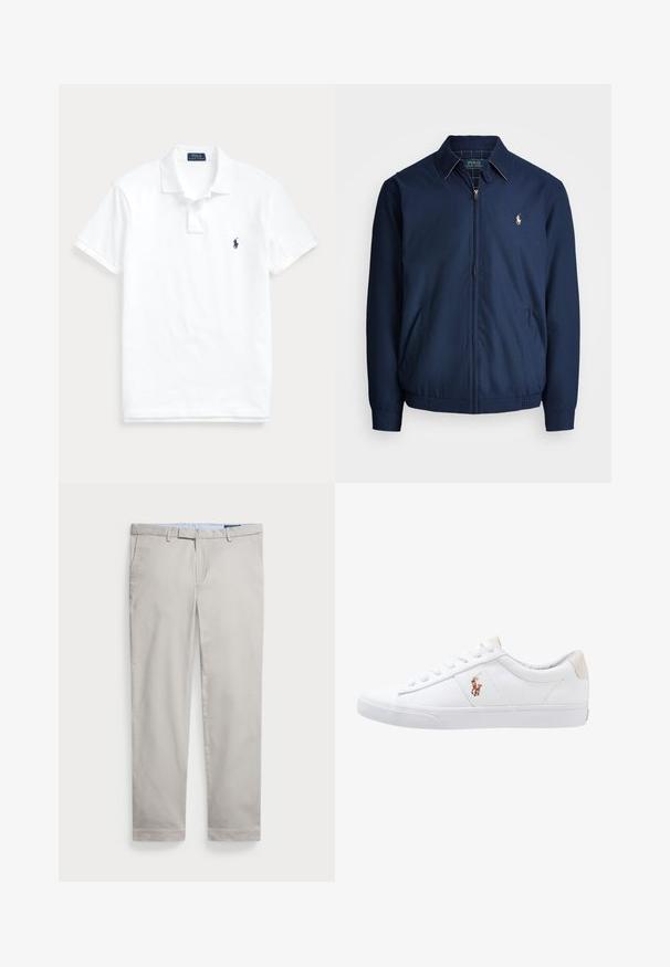 Marineblå lynlåsjakke med krave, forlommer, elastiske manchetter og et lille broderet logo på brystet. Glat stoftekstur.; Hvid polo t-shirt med korte ærmer, krave, to-knaps lukning og lille mørkeblå logo på venstre bryst.; Lys beige bomuldsbukser med lige ben design, bæltestropper, sidelommer og en flot afslutning i kanten. Glat tekstur, minimal detaljer.; Hvide kanvas sneakers med lågtop design, prydet med en beige hælkappe og et lille broderet logo på siden. Gummisål.