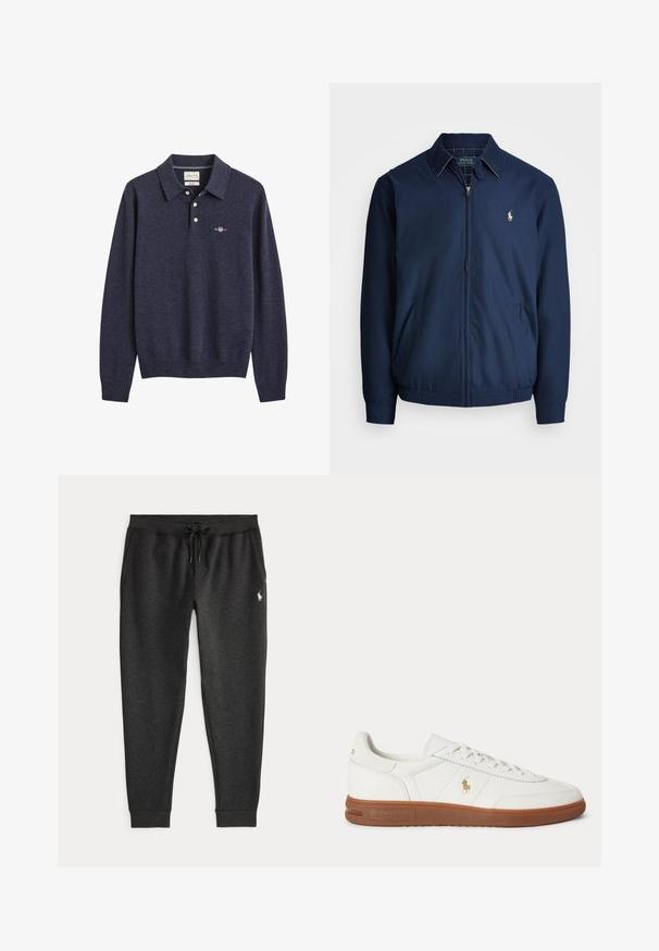 Veste zippée navy avec col, poches avant, poignets élastiques, et un petit logo brodé sur la poitrine. Texture de tissu lisse.; Pull polo bleu marine à manches longues avec col, trois boutons blancs, poignets et ourlet côtes, avec un petit logo brodé sur la poitrine.; Pantalon de survêtement décontracté gris foncé avec une taille ajustable à cordon et un petit logo Polo blanc sur la partie supérieure de la cuisse gauche.; Baskets basses blanches avec semelle marron, lacets à l'avant, et petit logo doré Polo Ralph Lauren sur le côté.