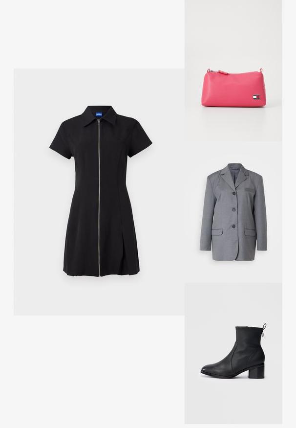 Grå blazer lavet af struktureret stof med reverskrave, treknapslukning og to forlommer. Simpel og skræddersyet design.; Sort kjole med korte ærmer, lynlås foran, krave og slids i siden. Lavet af glat stof, med et diskret logo på brystet.; Sort læder ankelstøvle med et elegant design, afrundet tå, tekstureret syning øverst og en blokhæl. Har lynlås og strop til at trække i.; Lyserød, glat syntetisk taske med lynlåslukning og et lille logo-plaketter. Har afrundede kanter og en kompakt rektangulær form.
