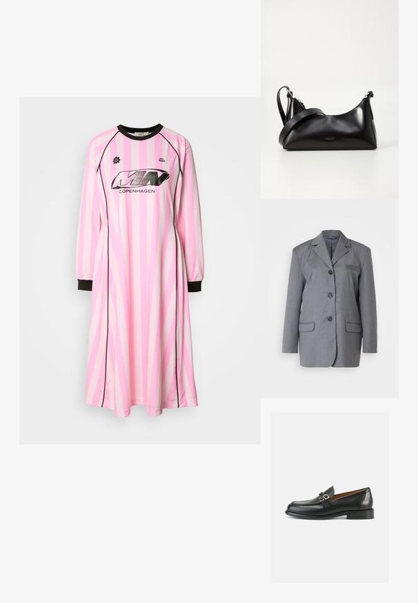 Blazer gris de tejido texturizado con solapa en pico, cierre de tres botones y dos bolsillos frontales. Diseño simple y ajustado.; Vestido de manga larga en rosa claro con rayas verticales en rosa más oscuro y blanco, con un cuello redondo negro y puños negros. Logo visible en la parte delantera.; Mocasines de cuero negro con un diseño bordado, con un detalle de doble hebilla y un tacón ligeramente elevado para añadir altura.; Bolso de mano de cuero negro con una textura suave. Cuenta con una correa ajustable y un diseño elegante y minimalista con cierre de cremallera.