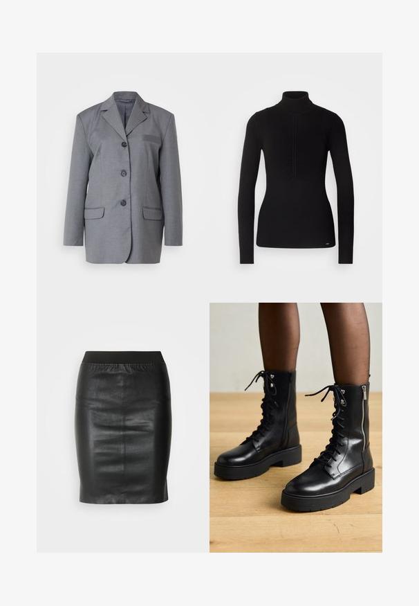 Grijze blazer van textuurstof met een gestructureerd revers, drieknoopsluiting en twee voorkampen. Eenvoudig en op maat gemaakt ontwerp.; Zwarte geribbelde coltrui met lange mouwen, textuurstof, geplooide details aan de voorkant en een subtiele logo-accent aan de zoom.; Zwarte kokerrok van soepel leer, met een elastische tailleband voor een aansluitende pasvorm en een minimalistisch ontwerp.; Zwarte leren veterschoenen met chunky zolen, zijrits en metalen oogjes. Gladde afwerking met variërende textuur op de schacht.