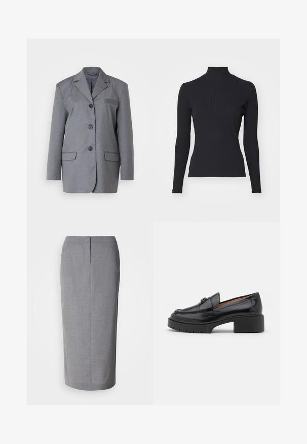 Blazer gris de tejido texturizado con solapa en pico, cierre de tres botones y dos bolsillos frontales. Diseño simple y ajustado.; Top negro de cuello alto con costillas y mangas largas. Fabricado con una tela elástica con forma ajustada y cuello alto. Diseño simple sin adornos.; Falda lápiz gris hecha de una tela texturizada, con corte recto, abertura trasera y cierre de cremallera oculta en la parte posterior.; Mocasín de cuero negro con tacón bajo, punta redondeada, correa decorativa y detalle de costura texturizada en la parte superior. Acabado suave.