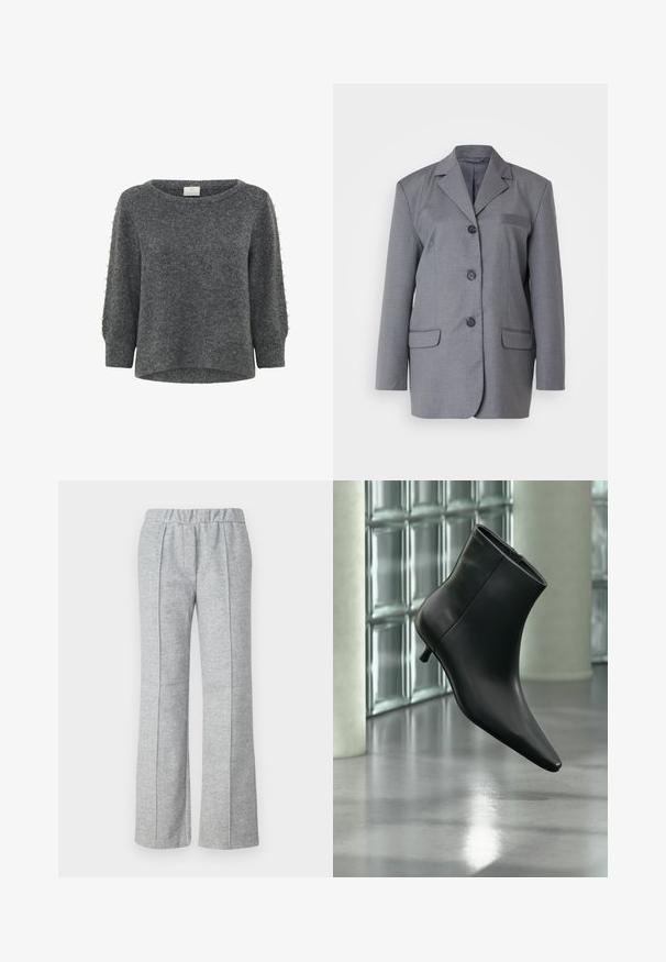 Sivý blazer vyrobený z textúrovaného materiálu, ktorý má klopový golier, zapínanie na tri gombíky a dve predné vrecká. Jednoduchý a strihaný dizajn.; Kaffe KABETTY - Svetrík - grey melange; Sivé nohavice s širokými nohavicami z textúrovanej tkaniny; disponujú elastickým pásom a plisovanými detailmi vpredu. Čistý, minimálny dizajn.; Čierna kožená členková čižma so špicatou špičkou a nízkym kitten podpätkom, zobrazená šikmo na pozadí leštenej podlahy a steny zo sklenených blokov.