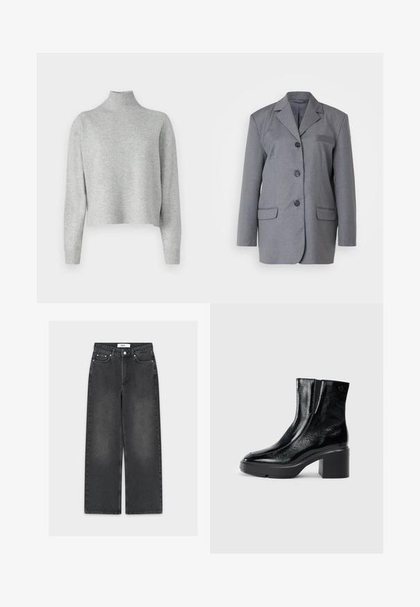 Blazer gris de tejido texturizado con solapa en pico, cierre de tres botones y dos bolsillos frontales. Diseño simple y ajustado.; Suéter de cuello alto gris claro, hecho de una suave tela de punto, con mangas largas y dobladillo y puños acanalados. Sin patrones ni detalles metálicos.; Pantalones vaqueros negros de pierna ancha con un acabado desgastado, con cierre de botón y cremallera, diseño de cinco bolsillos y costuras en contraste.; Botas de tobillo de charol negro con puntera curva, paneles laterales elásticos y un tacón ancho. Presentan un logo embosado en la parte posterior.