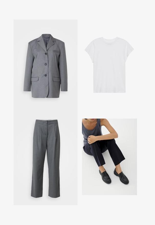 Blazer gris de tejido texturizado con solapa en pico, cierre de tres botones y dos bolsillos frontales. Diseño simple y ajustado.; Camiseta blanca de manga corta con cuello redondo, corte relajado, hecha de suave tela de algodón. Textura lisa, sin estampados ni logotipos.; Pantalones de tela gris ajustados con corte recto, que presentan una textura suave, pliegues en la parte delantera y bolsillos laterales. Sin herrajes ni acentos visibles.; Mocasines de cuero negro con detalles texturizados, tacón bajo, puntera redonda y costuras visibles. Modelo vistiendo pantalones oscuros y una blusa gris.