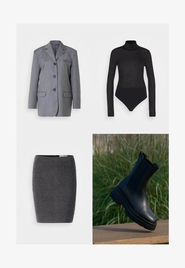 Grauer Blazer aus strukturiertem Stoff mit einem Reverskragen, Drei-Knopf-Verschluss und zwei Fronttaschen. Schlichtes und tailliertes Design.; Anna Field by Zalando Langarmshirt - black; Grauer Wollbleistiftrock mit glatter Textur und enger Passform, ausgestattet mit einem diskreten Bund und ohne sichtbare Verzierungen.; Schwarze Leder-Stiefeletten mit schlankem Design, abgerundeter Spitze, elastischen Seitenpaneelen und klobigen, strukturierten Gummisohlen.