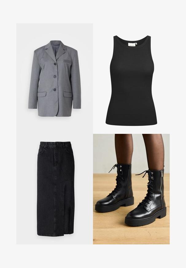 Grijze blazer van textuurstof met een gestructureerd revers, drieknoopsluiting en twee voorkampen. Eenvoudig en op maat gemaakt ontwerp.; Zwarte tanktop van ribstof, met een ronde hals en een aansluitende pasvorm. Platte naden en zonder versieringen. Eenvoudig en strak ontwerp.; Zwarte denim midi rok met een voorkant split. Voorzien van een standaard tailleband, riemlussen en zijzakken. Glad textuur en rechte snit.; Zwarte leren veterschoenen met chunky zolen, zijrits en metalen oogjes. Gladde afwerking met variërende textuur op de schacht.