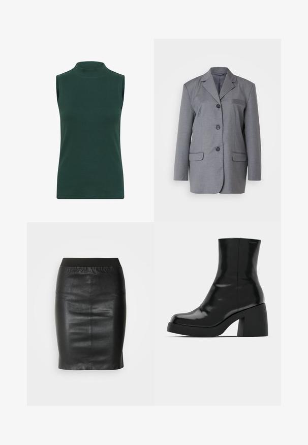 Blazer gris en tissu texturé avec revers cranté, fermeture à trois boutons et deux poches avant. Design simple et ajusté.; Haut à col roulé sans manches en tissu côtelé de couleur vert foncé. Caractéristiques : un col haut, une texture lisse et une coupe ajustée.; Jupe crayon noire en cuir lisse, dotée d'une taille élastique pour une silhouette ajustée et un design minimaliste.; Bottines noires à finition brillante, bout carré et épais talon bloc. Le design présente une silhouette homogène et un branding minimal.