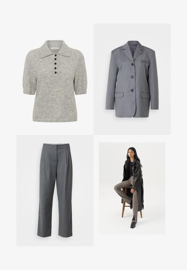 Blazer gris en tissu texturé avec revers cranté, fermeture à trois boutons et deux poches avant. Design simple et ajusté.; Polo en maille gris clair à manches courtes, avec cinq boutons noirs et un col pointu.; Pantalons gris ajustés à coupe droite, avec une texture lisse, des plis devant et des poches latérales. Pas de quincaillerie ou d'accents visibles.; Manteau trench en cuir noir avec des boutons et une ceinture, associé à un pantalon ajusté marron clair et des mocassins noirs, assis sur un tabouret en bois.