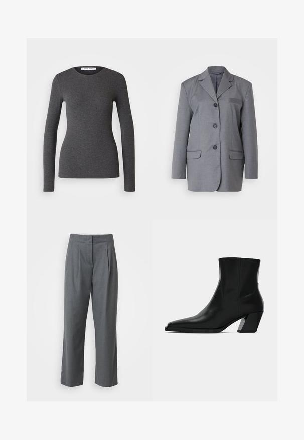 Blazer gris de tejido texturizado con solapa en pico, cierre de tres botones y dos bolsillos frontales. Diseño simple y ajustado.; Top de manga larga y cuello redondo en gris oscuro, confeccionado en tejido acanalado con un diseño ajustado, que presenta una textura suave y un detalle mínimo.; Pantalones de tela gris ajustados con corte recto, que presentan una textura suave, pliegues en la parte delantera y bolsillos laterales. Sin herrajes ni acentos visibles.; Bota de tobillo de cuero negro con punta afilada, una silueta elegante y un tacón cuadrado grueso. Textura suave con detalles de costura mínimos.